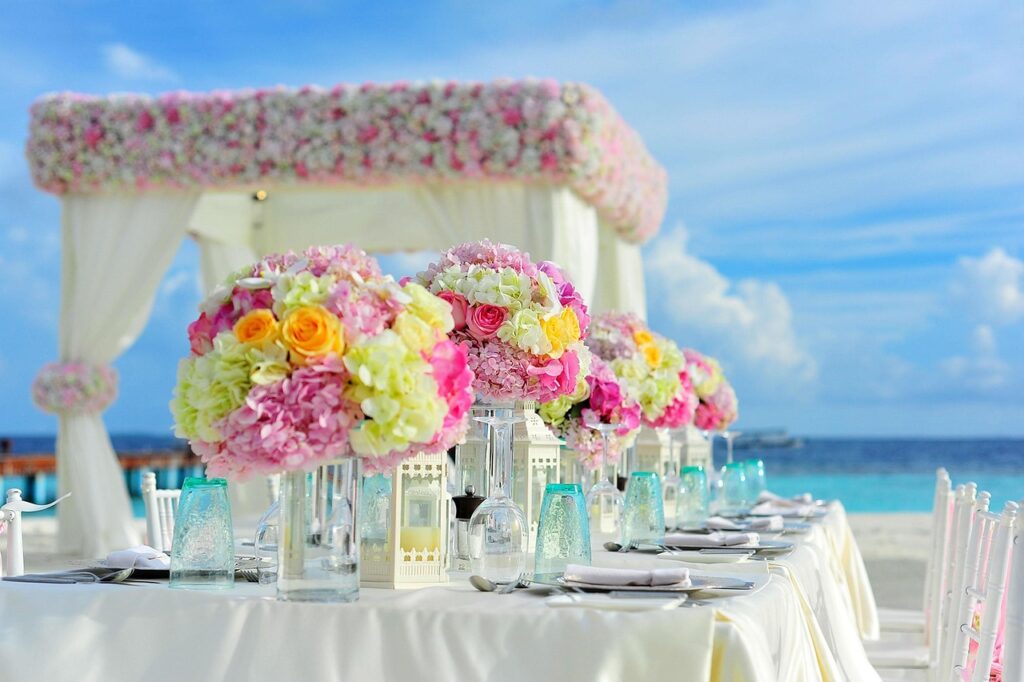beach, wedding, nature, reception, table setting, centerpieces, flower vases, event, beautiful flowers, beach wedding, wedding photography, wedding preparations, bunch of flowers, celebration, chairs, decorations, flowers, sea, summer, table, flower background, table set-up, tropical, wedding setup, flower wallpaper, gazebo